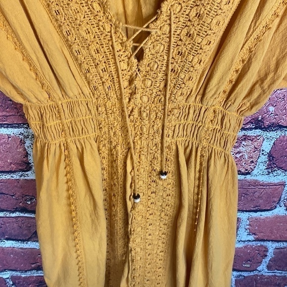 Bohemian Mustard Yellow Midi Embroidered Short Sleeve Dress Size XS - Picture 6 of 16